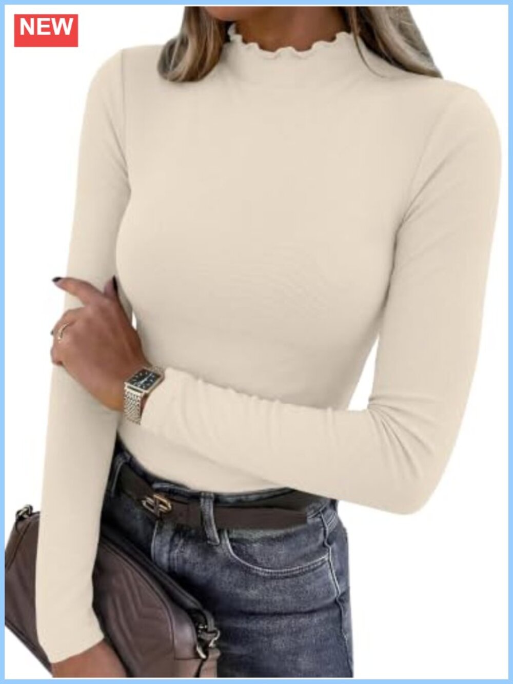 Mock Neck Thermal Shirt Lettuce Trim Slim Long Sleeve Winter Layering
